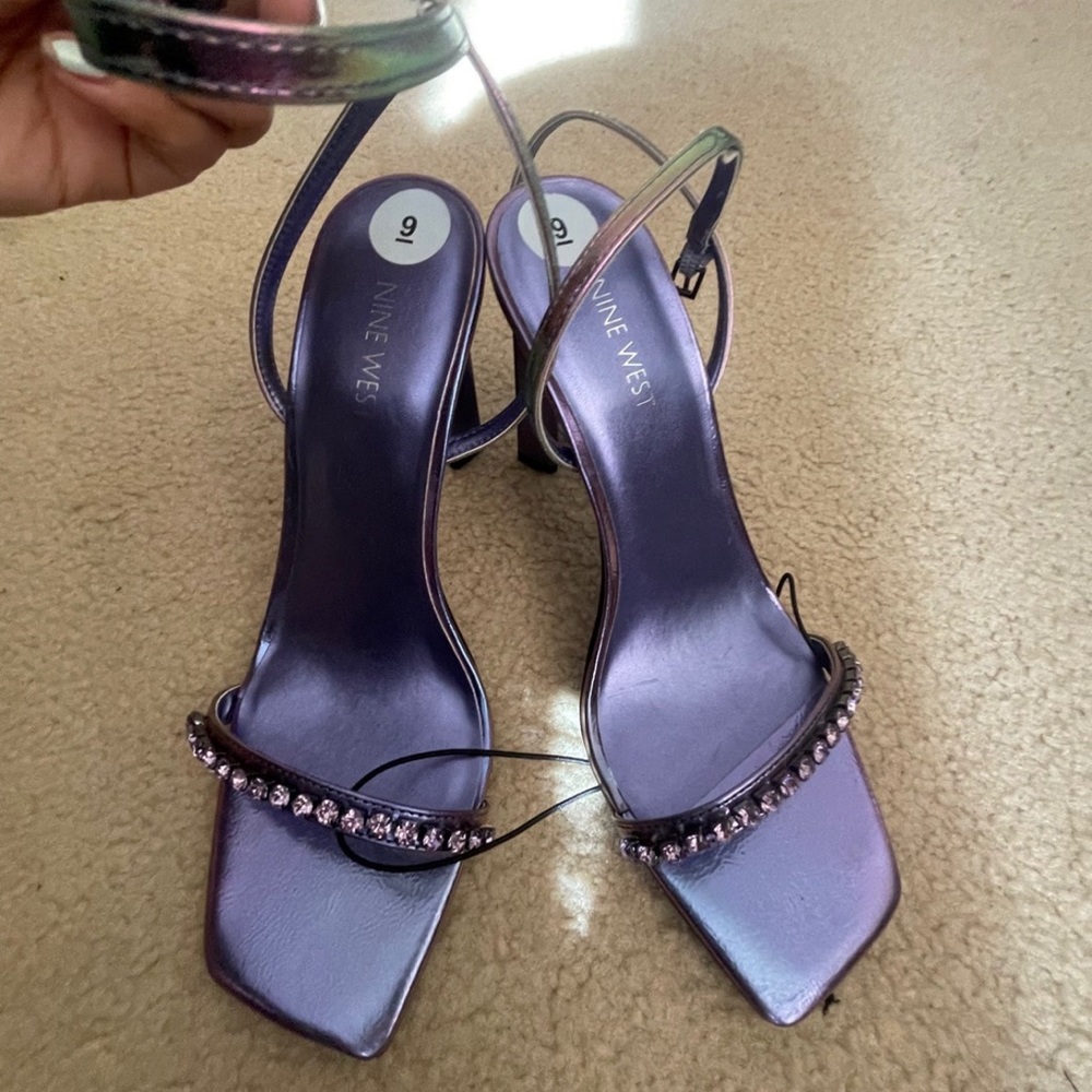 Nine West Iridescent Purple Strappy Heeled Sandals with Rhinestone Accent